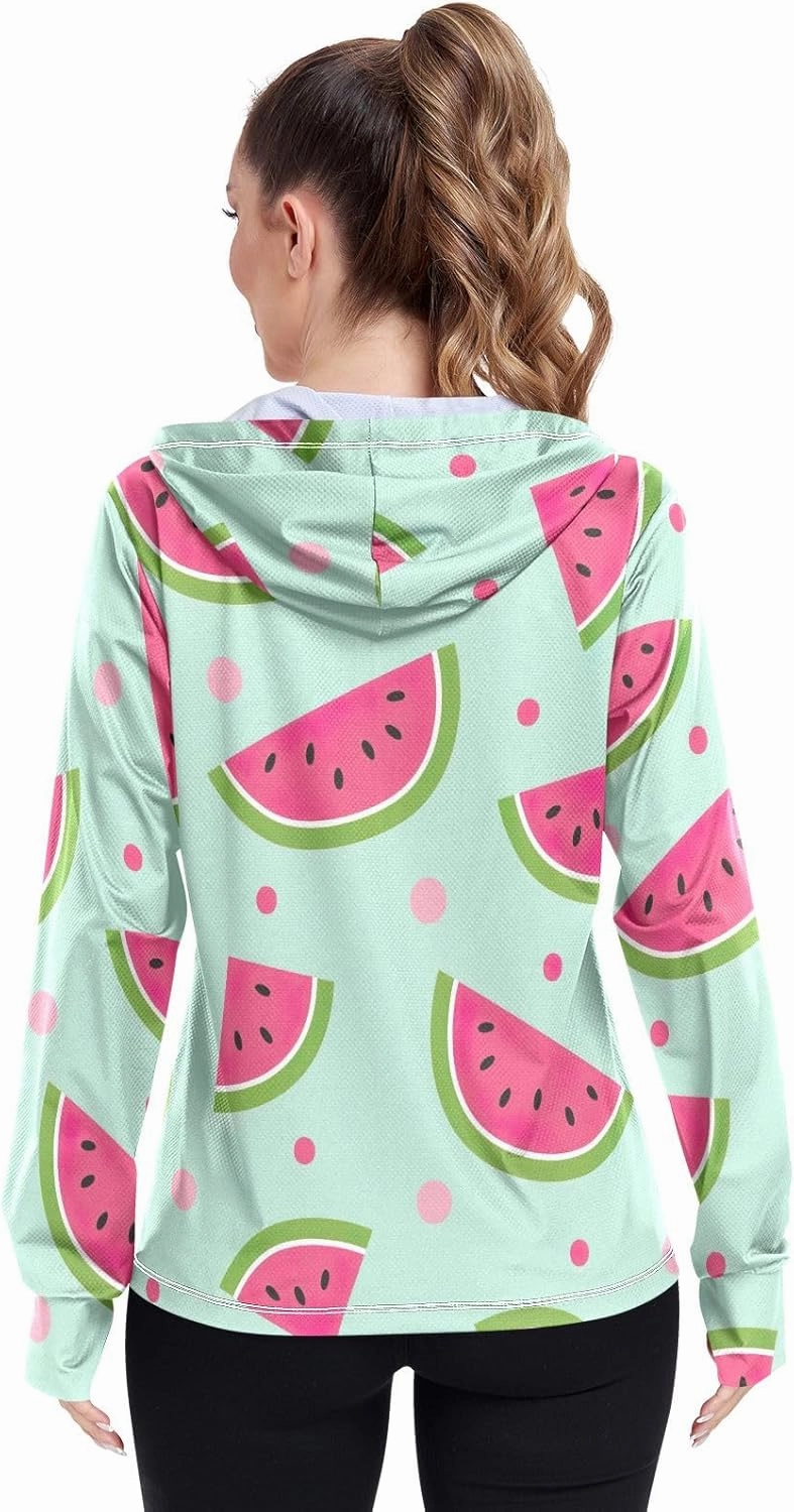 GAIGEO Watermelon Slices Pink Women Jacket UPF 50  Uv Clothes Women, Hooded Design Thumb Holes, S