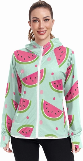 GAIGEO Watermelon Slices Pink Women Jacket UPF 50  Uv Clothes Women, Hooded Design Thumb Holes, S