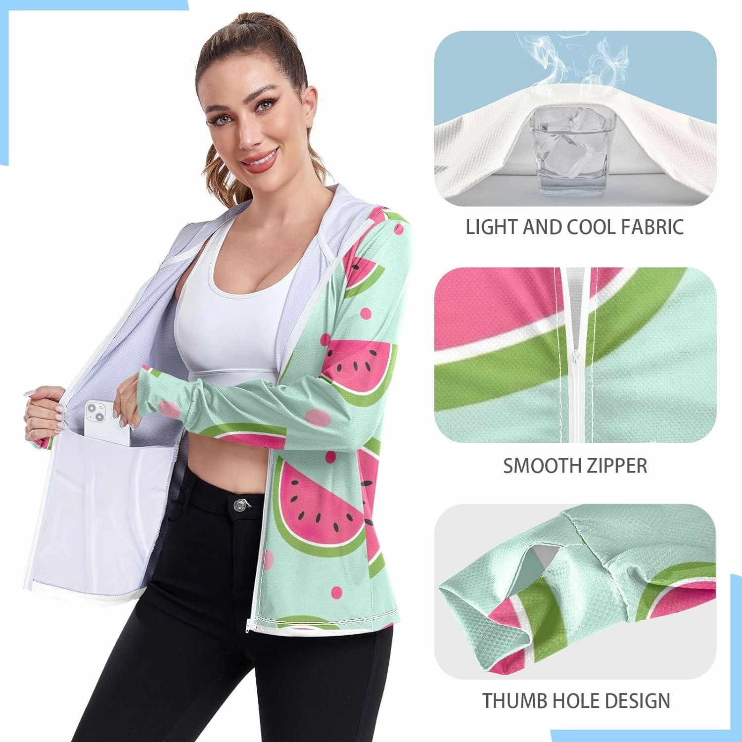 GAIGEO Watermelon Slices Pink Women Jacket UPF 50  Uv Clothes Women, Hooded Design Thumb Holes, S
