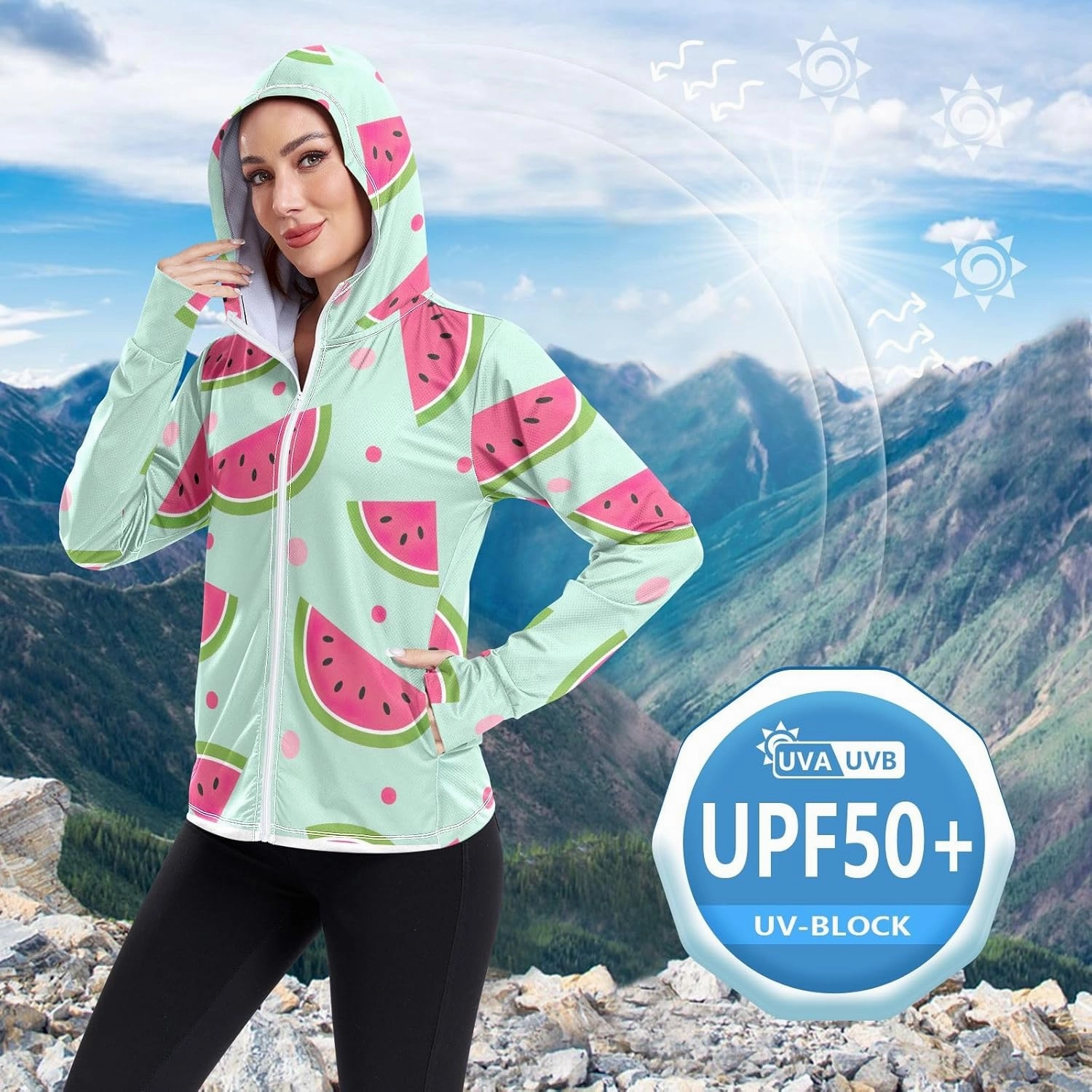 GAIGEO Watermelon Slices Pink Women Jacket UPF 50  Uv Clothes Women, Hooded Design Thumb Holes, S