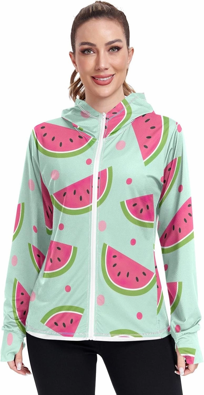 GAIGEO Watermelon Slices Pink Women Jacket UPF 50  Uv Clothes Women, Hooded Design Thumb Holes, S