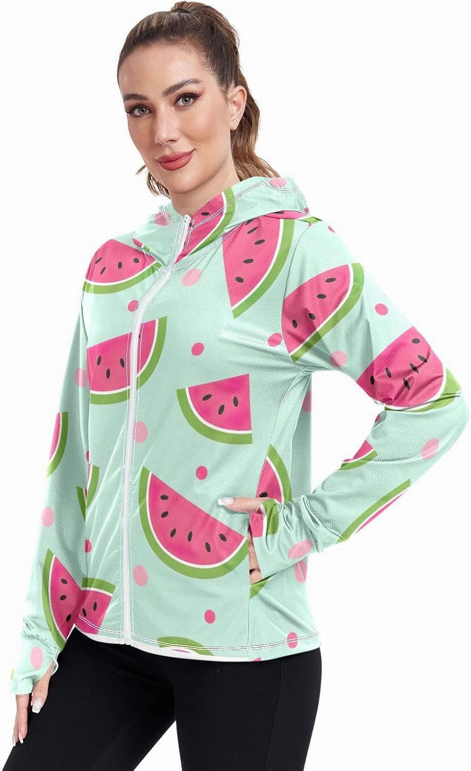 GAIGEO Watermelon Slices Pink Women Jacket UPF 50  Uv Clothes Women, Hooded Design Thumb Holes, S