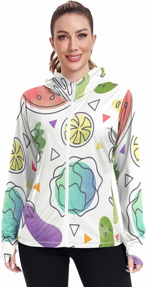 GAIGEO Watermelon Slices Pink Women Jacket UPF 50  Uv Clothes Women, Hooded Design Thumb Holes, S