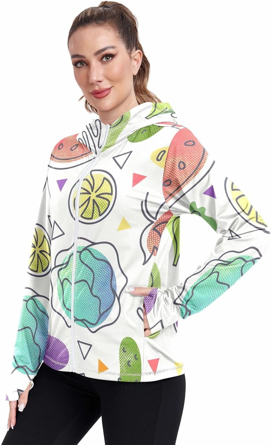 GAIGEO Watermelon Slices Pink Women Jacket UPF 50  Uv Clothes Women, Hooded Design Thumb Holes, S