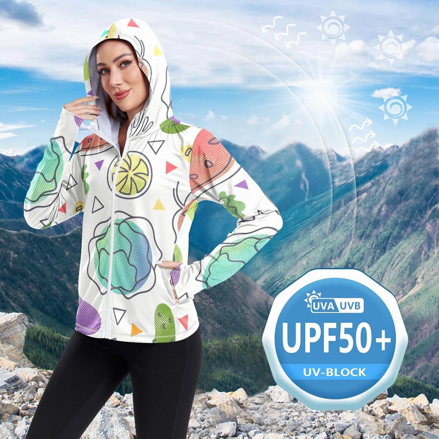 GAIGEO Watermelon Slices Pink Women Jacket UPF 50  Uv Clothes Women, Hooded Design Thumb Holes, S