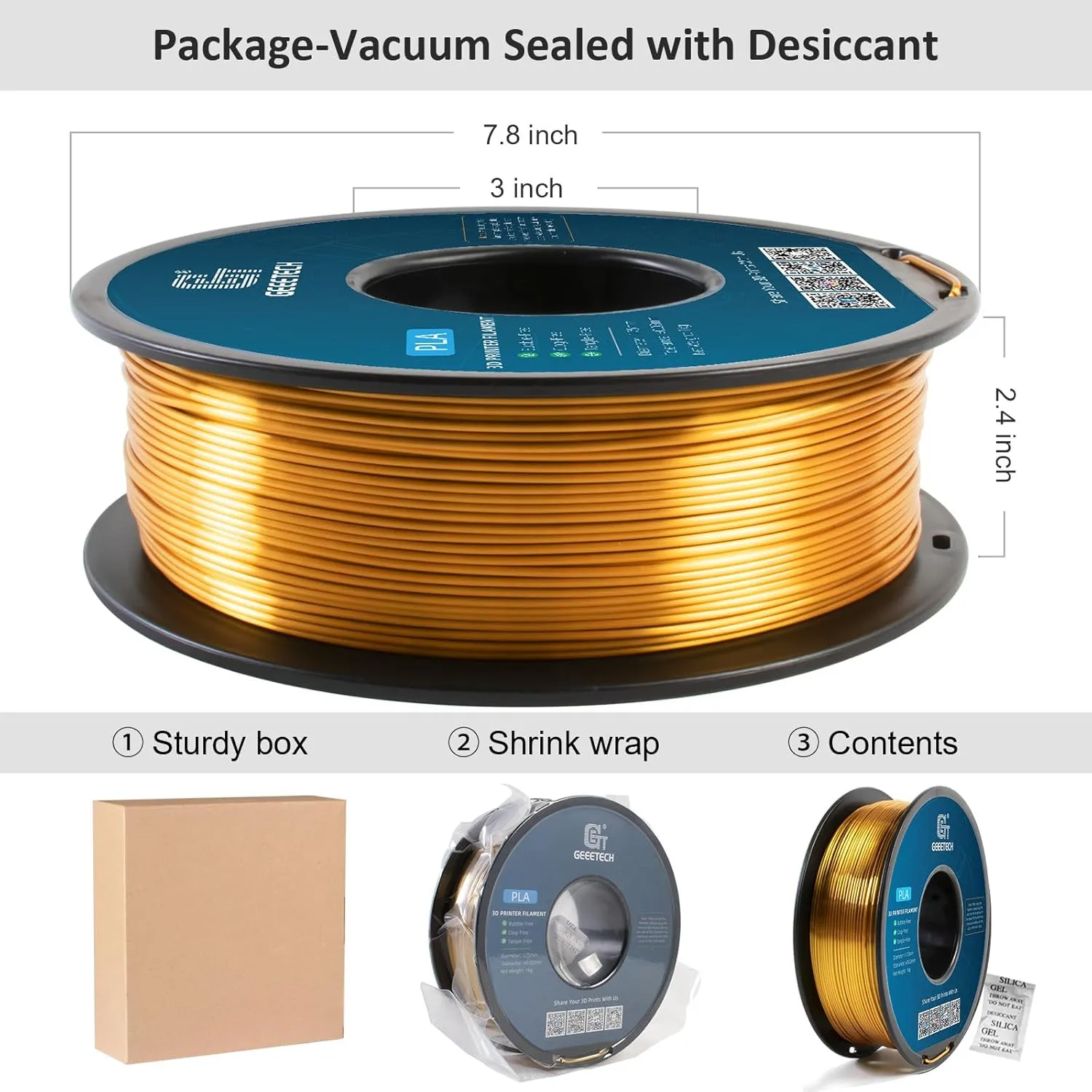 Geeetech Silk PLA Filament 1.75mm for 3D Printer , Metal-Like Shiny Consumable 1kg (2.2lbs) 1 Spool, Dimensional Accuracy  /- 0.03 mm, Silk Gold
