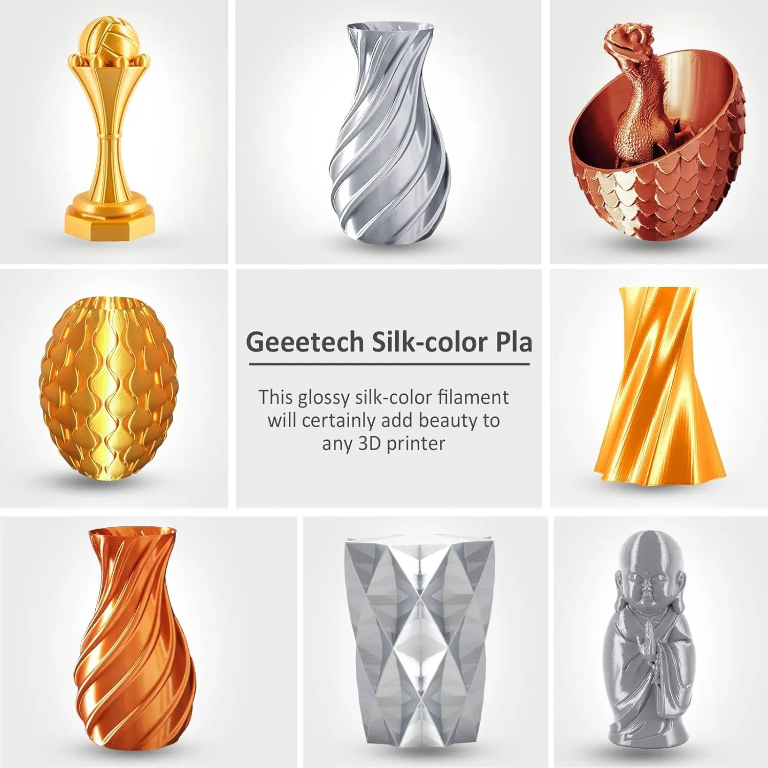 Geeetech Silk PLA Filament 1.75mm for 3D Printer , Metal-Like Shiny Consumable 1kg (2.2lbs) 1 Spool, Dimensional Accuracy  /- 0.03 mm, Silk Gold