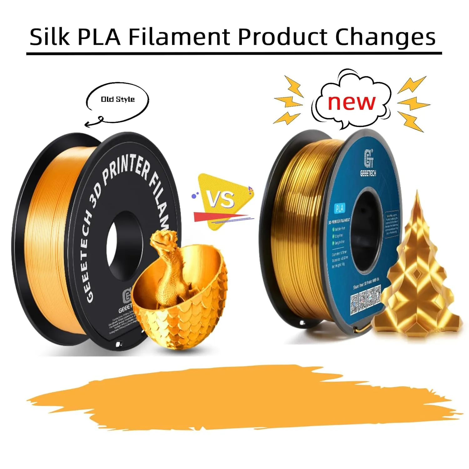 Geeetech Silk PLA Filament 1.75mm for 3D Printer , Metal-Like Shiny Consumable 1kg (2.2lbs) 1 Spool, Dimensional Accuracy  /- 0.03 mm, Silk Gold