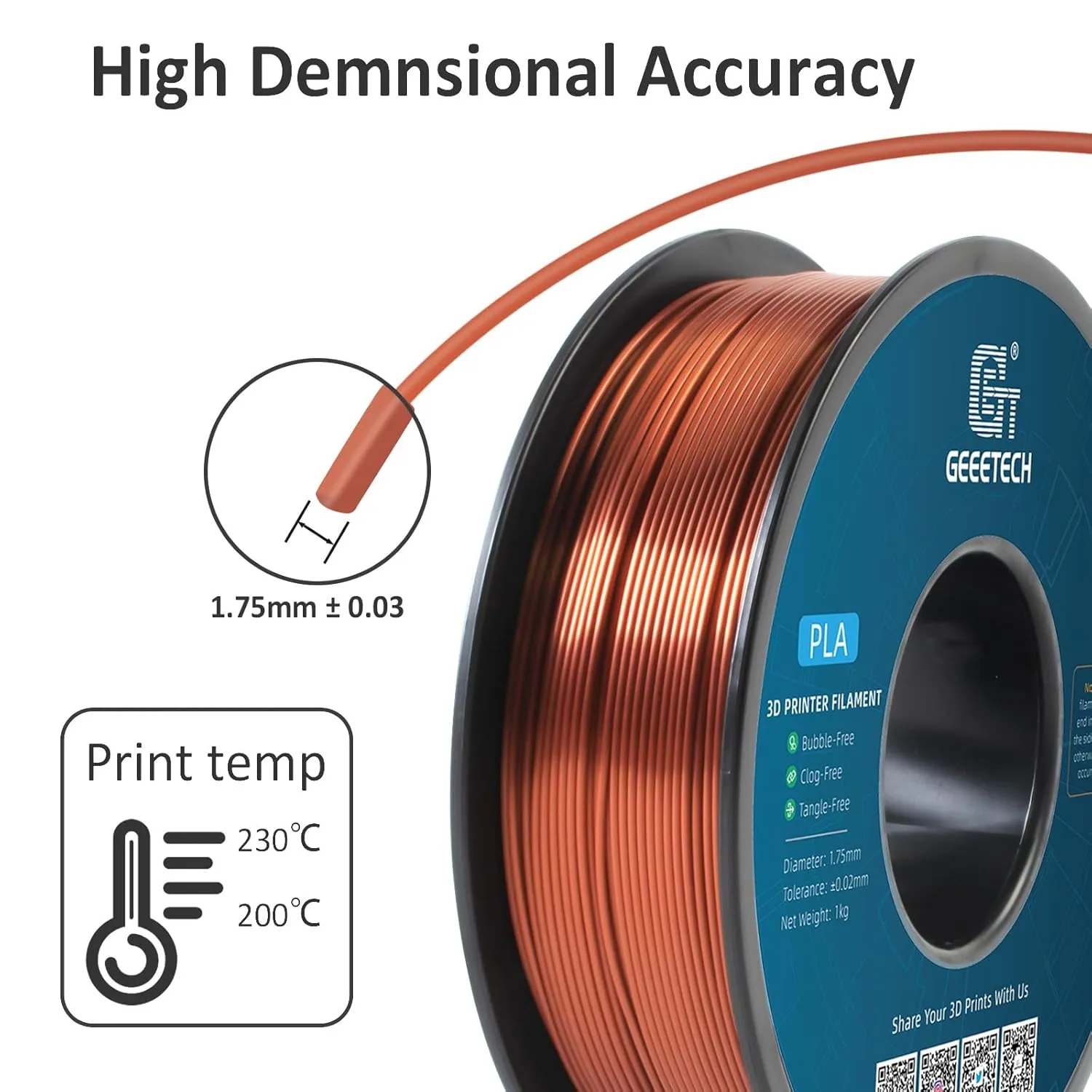 Geeetech Silk PLA Filament 1.75mm for 3D Printer, Metal-Like Shiny Consumable 1kg (2.2lbs) 1 Spool, Dimensional Accuracy  /- 0.03 mm,Metallic Copper