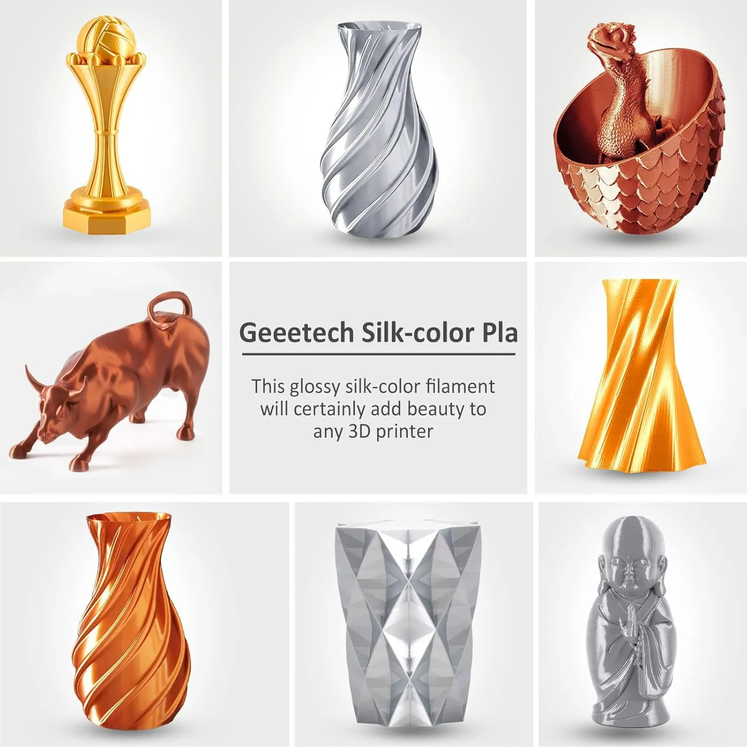 Geeetech Silk PLA Filament 1.75mm for 3D Printer, Metal-Like Shiny Consumable 1kg (2.2lbs) 1 Spool, Dimensional Accuracy  /- 0.03 mm,Metallic Copper