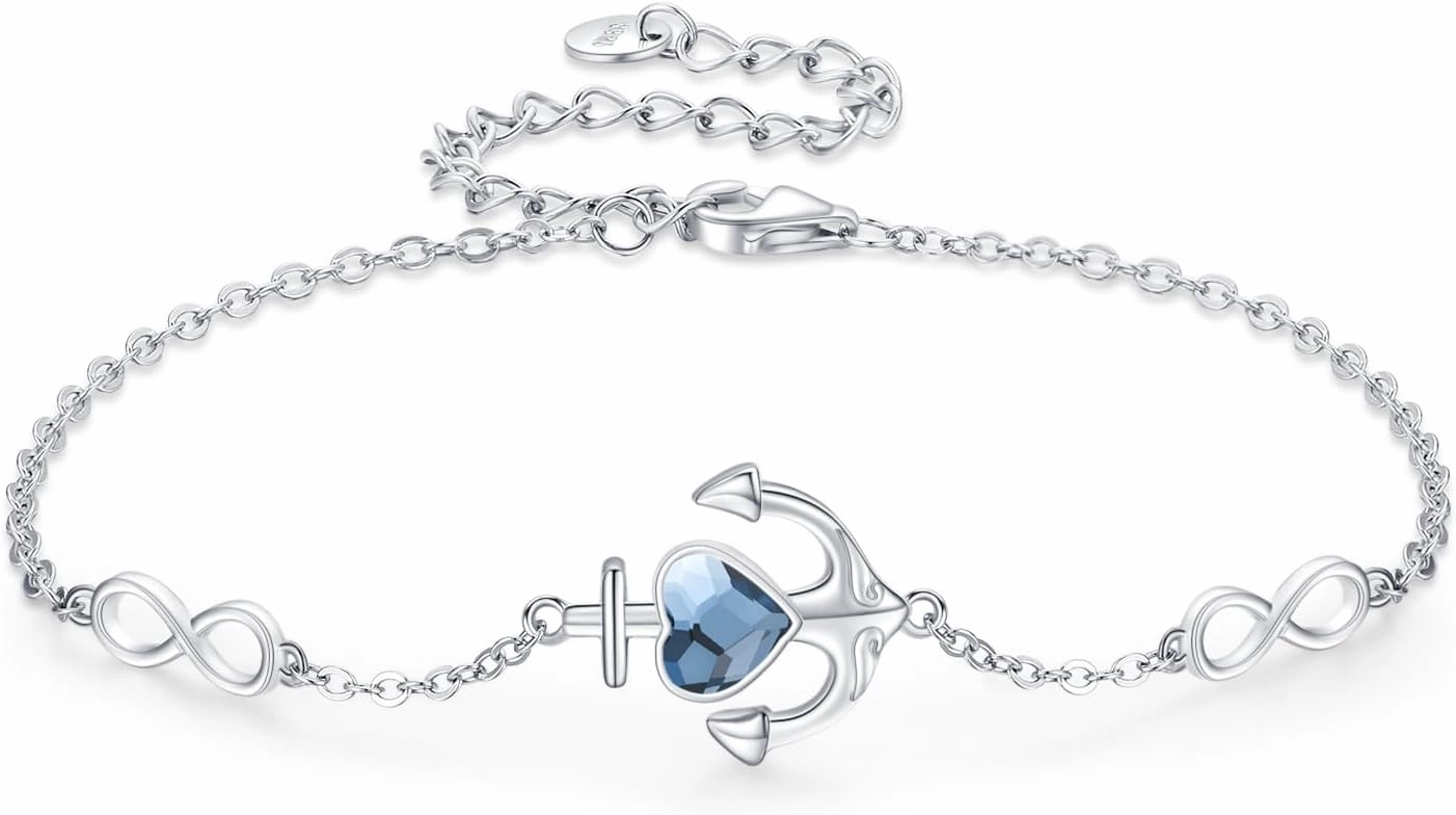 Generic Anchor Bracelets 925 Sterling Silver Anchor Heart Crystal Infinity Symbol Adjustable Bracelets Nautical Sailor Ocean Jewelry for Women, Navy