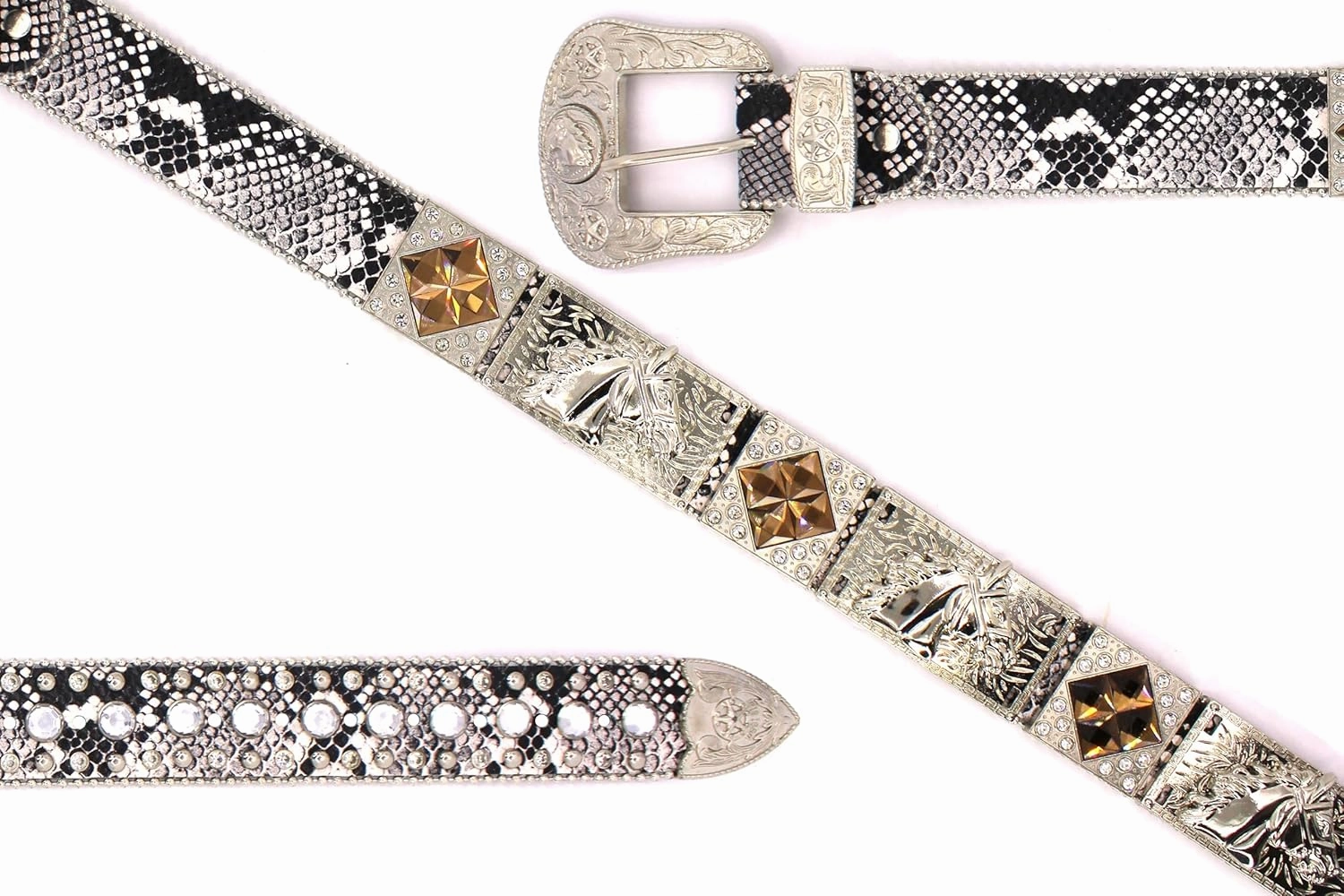 Genuine Leather Belt for Women & Cowboy Big Rhinestone With Engraved Buckle Country Style Silver