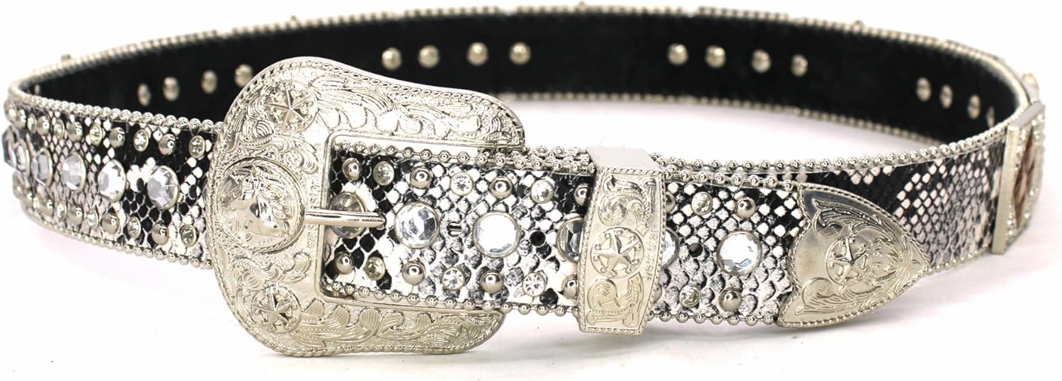 Genuine Leather Belt for Women & Cowboy Big Rhinestone With Engraved Buckle Country Style Silver
