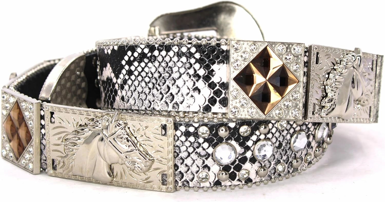 Genuine Leather Belt for Women & Cowboy Big Rhinestone With Engraved Buckle Country Style Silver