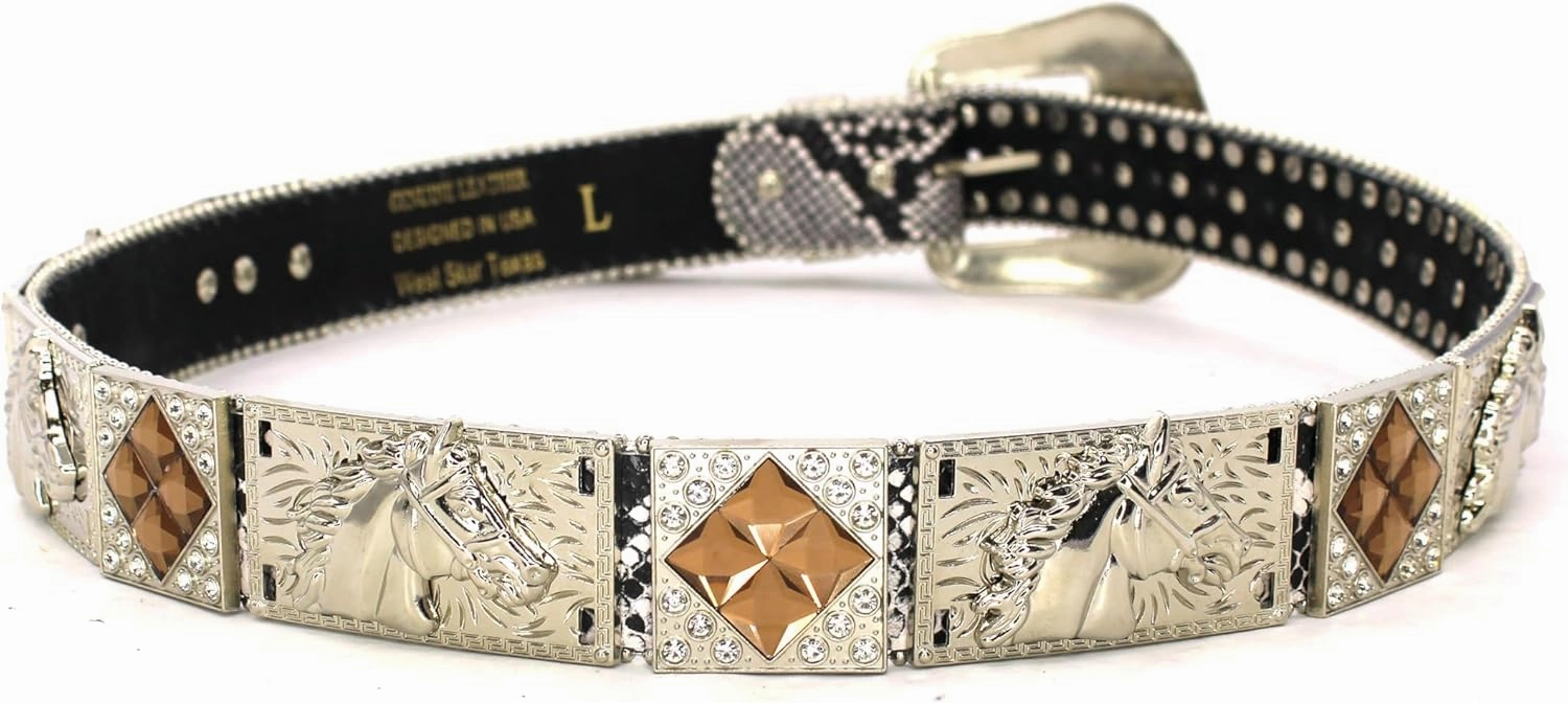 Genuine Leather Belt for Women & Cowboy Big Rhinestone With Engraved Buckle Country Style Silver