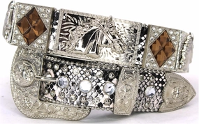 Genuine Leather Belt for Women & Cowboy Big Rhinestone With Engraved Buckle Country Style Silver