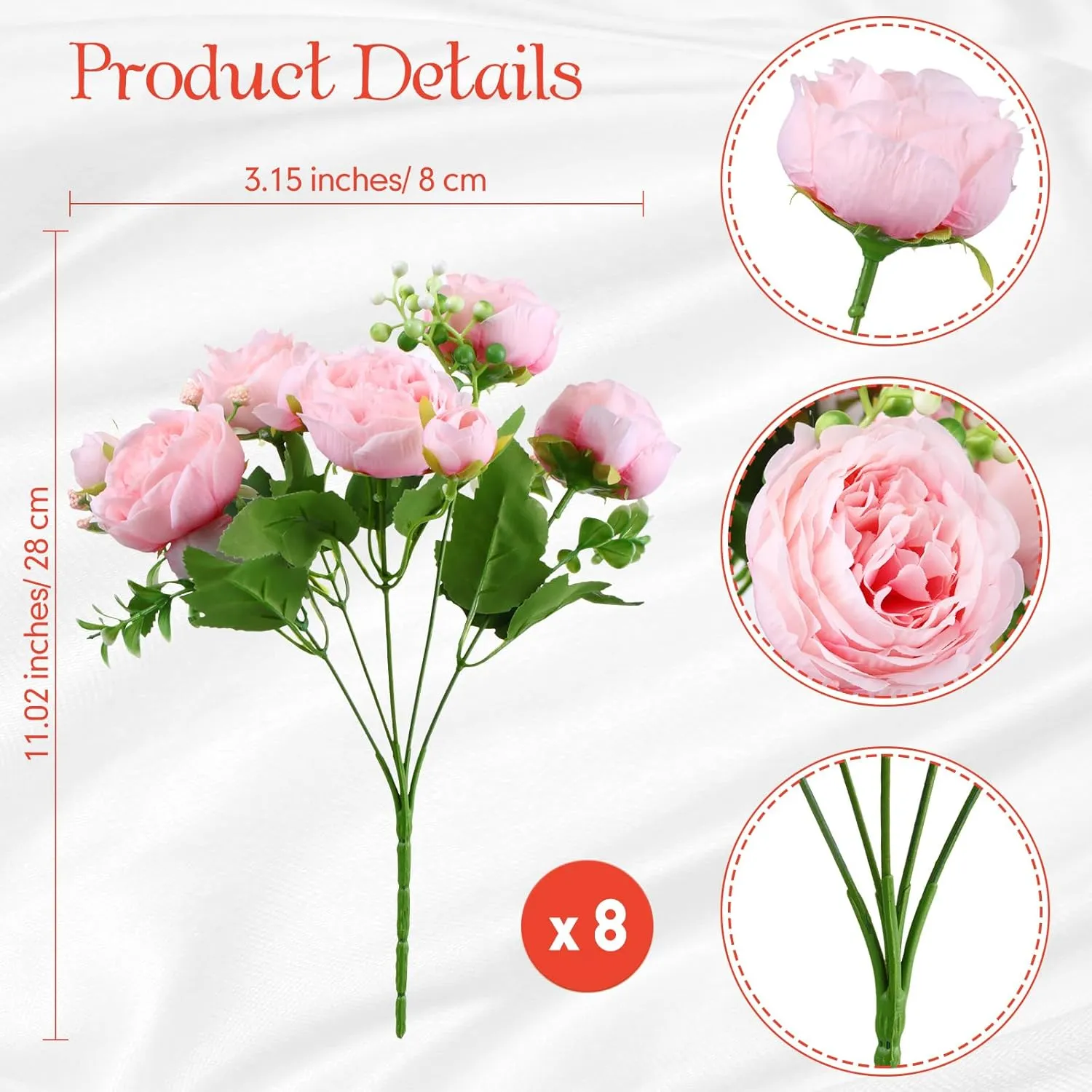 Geosar 8 Bundles Artificial Peonies Silk Flowers Fake Peony Bouquet Faux Peonies Flowers Bulk for Decoration Vase Florals Arrangements Wedding Home Party Table (Pink)