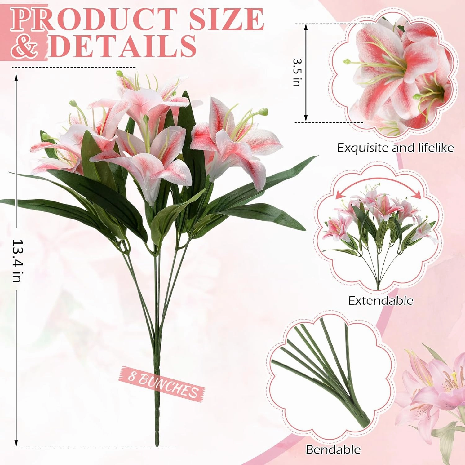 Giegxin 8pcs Artificial Lily Bouquets Easter Faux Tiger Lilies Fake Spring Flowers with 7 Heads Full Bloom Flowers for Wedding Home Hotel Floral Arrangement Party Decor(Hot Pink)