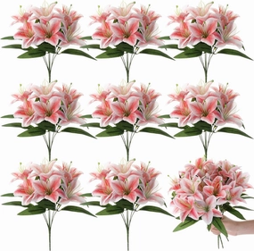 Giegxin 8pcs Artificial Lily Bouquets Easter Faux Tiger Lilies Fake Spring Flowers with 7 Heads Full Bloom Flowers for Wedding Home Hotel Floral Arrangement Party Decor(Hot Pink)