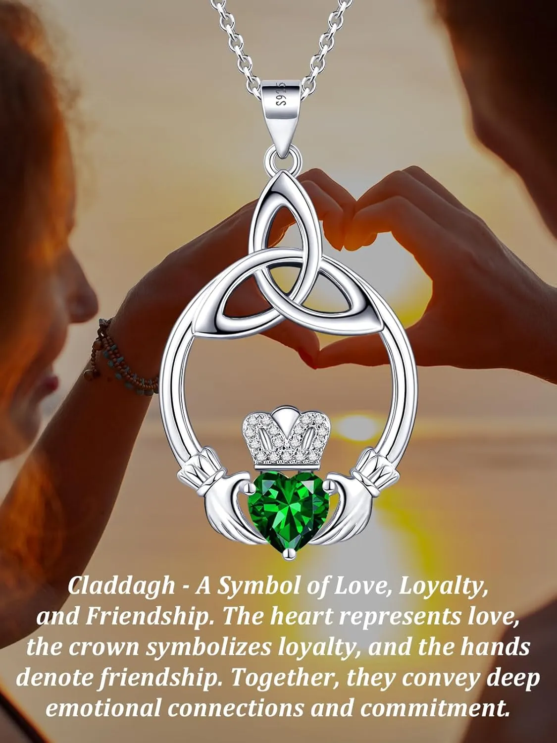 Gift Birthstone Necklaces for Women 925 Sterling Silver Irish Claddagh Necklace for Women Heart Birthstone Pendant Necklace Anniversary Birthday Gifts for Wife Lady Cable Chain 18" 2"