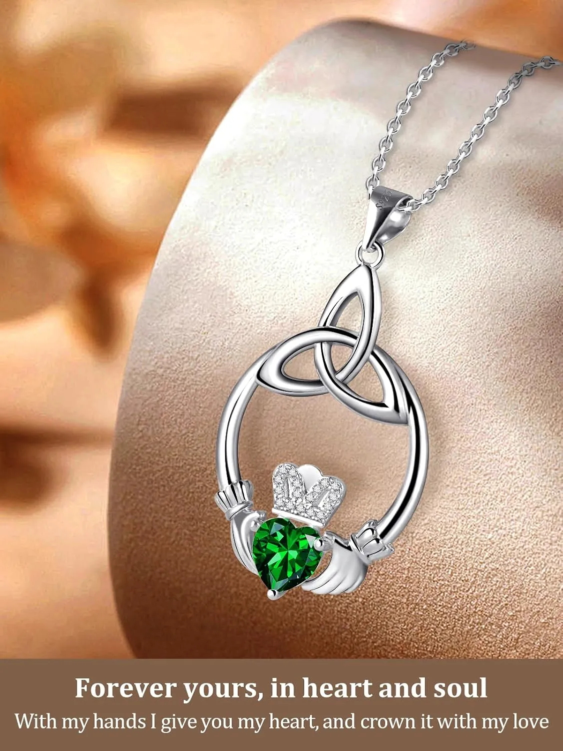 Gift Birthstone Necklaces for Women 925 Sterling Silver Irish Claddagh Necklace for Women Heart Birthstone Pendant Necklace Anniversary Birthday Gifts for Wife Lady Cable Chain 18" 2"