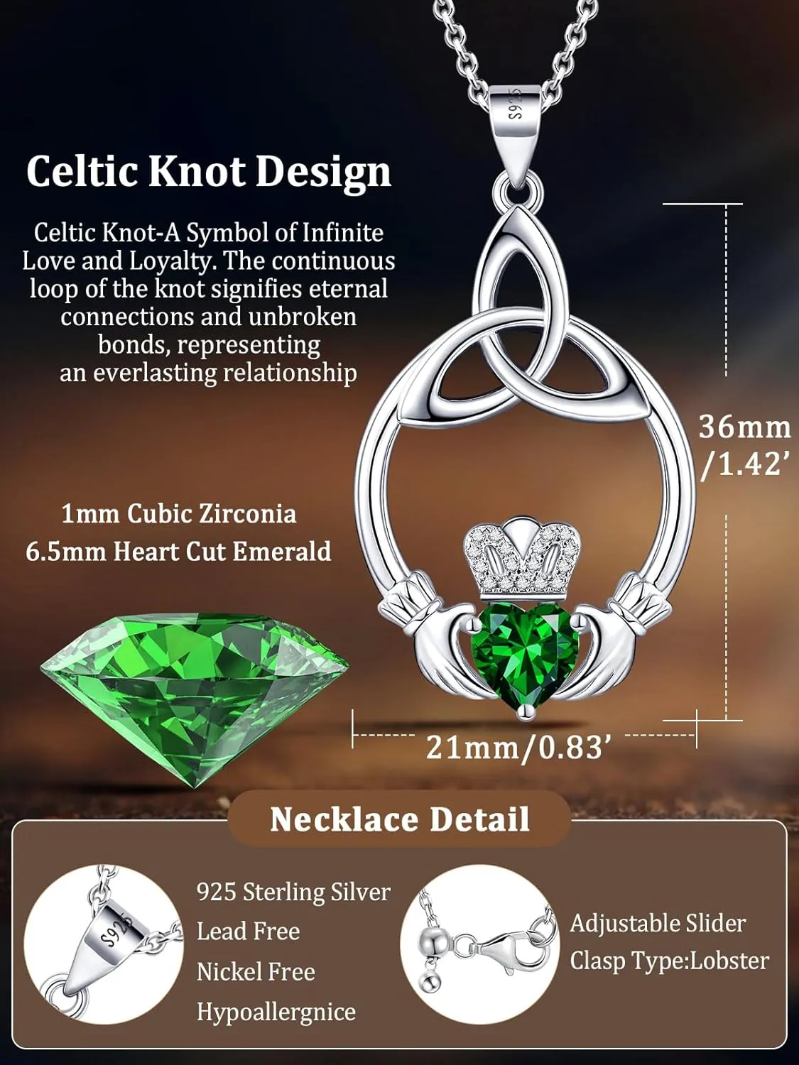 Gift Birthstone Necklaces for Women 925 Sterling Silver Irish Claddagh Necklace for Women Heart Birthstone Pendant Necklace Anniversary Birthday Gifts for Wife Lady Cable Chain 18" 2"