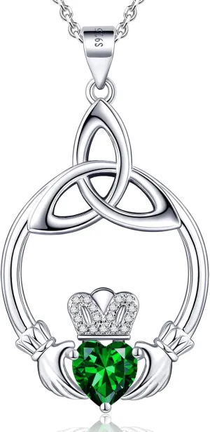 Gift Birthstone Necklaces for Women 925 Sterling Silver Irish Claddagh Necklace for Women Heart Birthstone Pendant Necklace Anniversary Birthday Gifts for Wife Lady Cable Chain 18" 2"