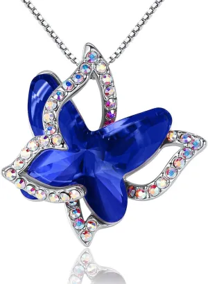 Gift Butterfly Birthstone Crystal Necklace, Silver Tone with 18” 2” Chain, Necklace for Mother’s Day Anniversary Birthday Gifts for Women and Daughter