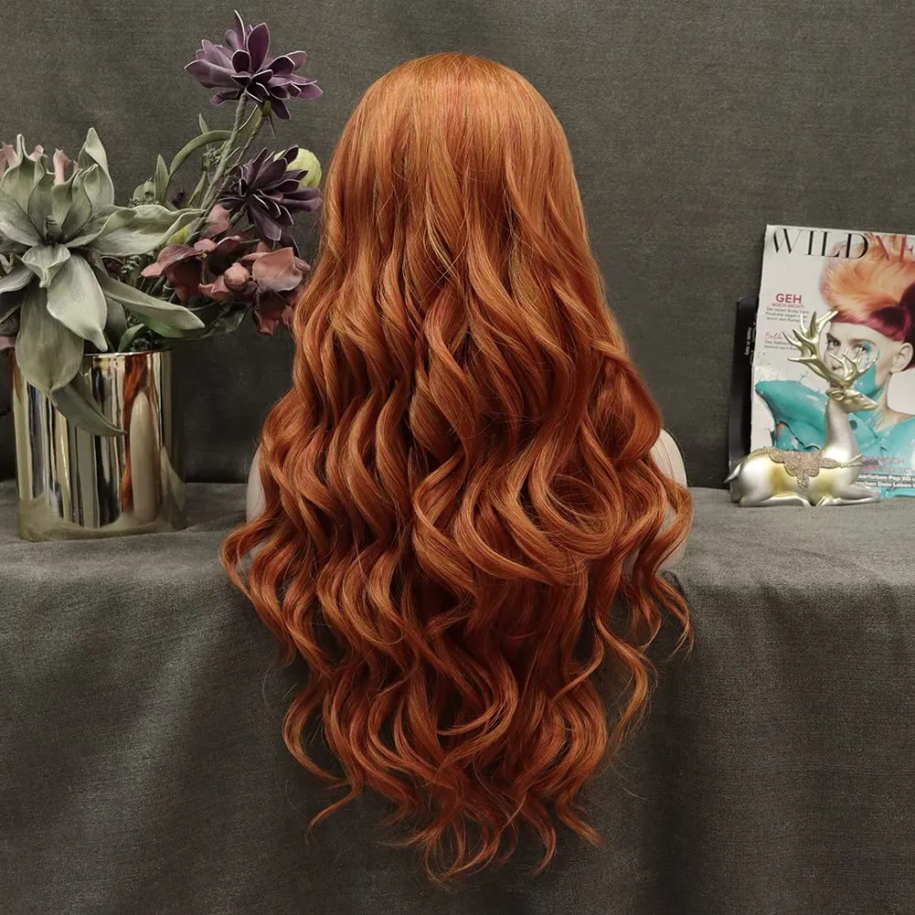 Ginger Synthetic Lace Front Wig Long Wavy Synthetic Lace Front Wig Glueless Heat Resistant for Drag Queen Cosplay Party Daliy Wear 26 Inches