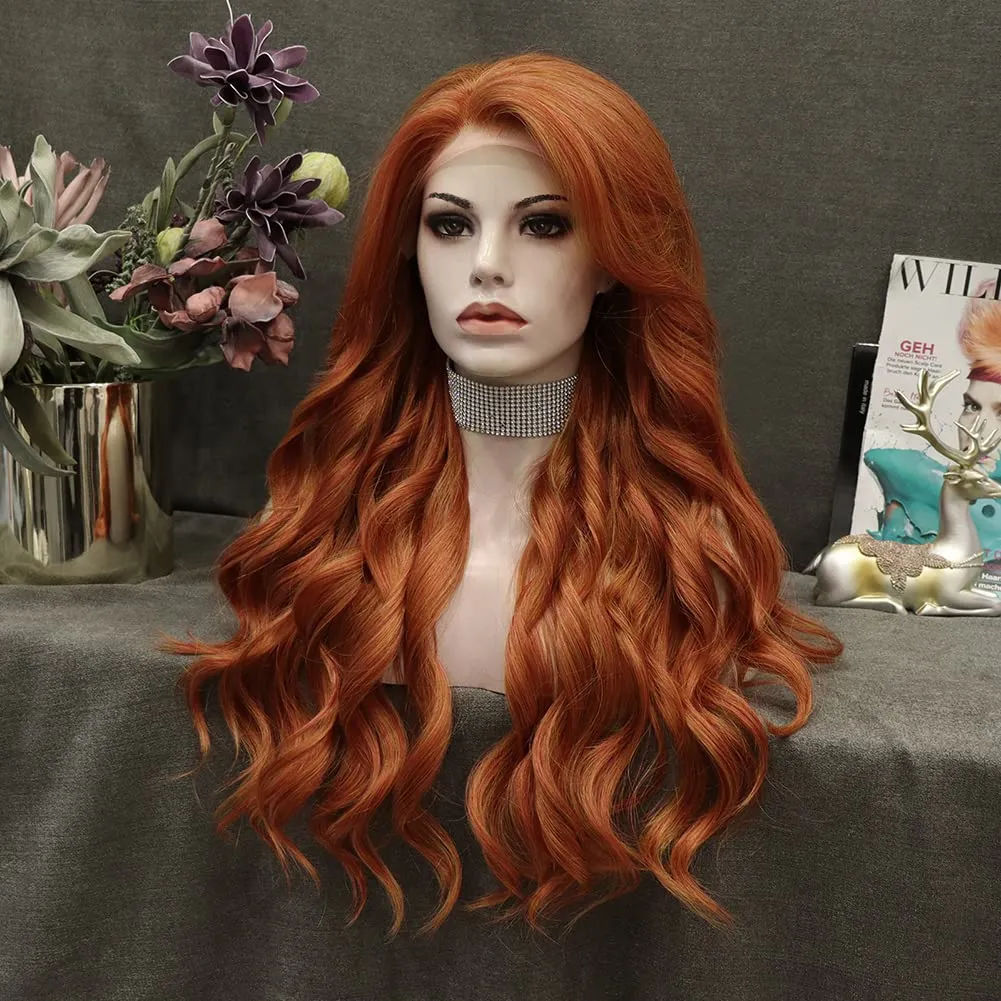 Ginger Synthetic Lace Front Wig Long Wavy Synthetic Lace Front Wig Glueless Heat Resistant for Drag Queen Cosplay Party Daliy Wear 26 Inches