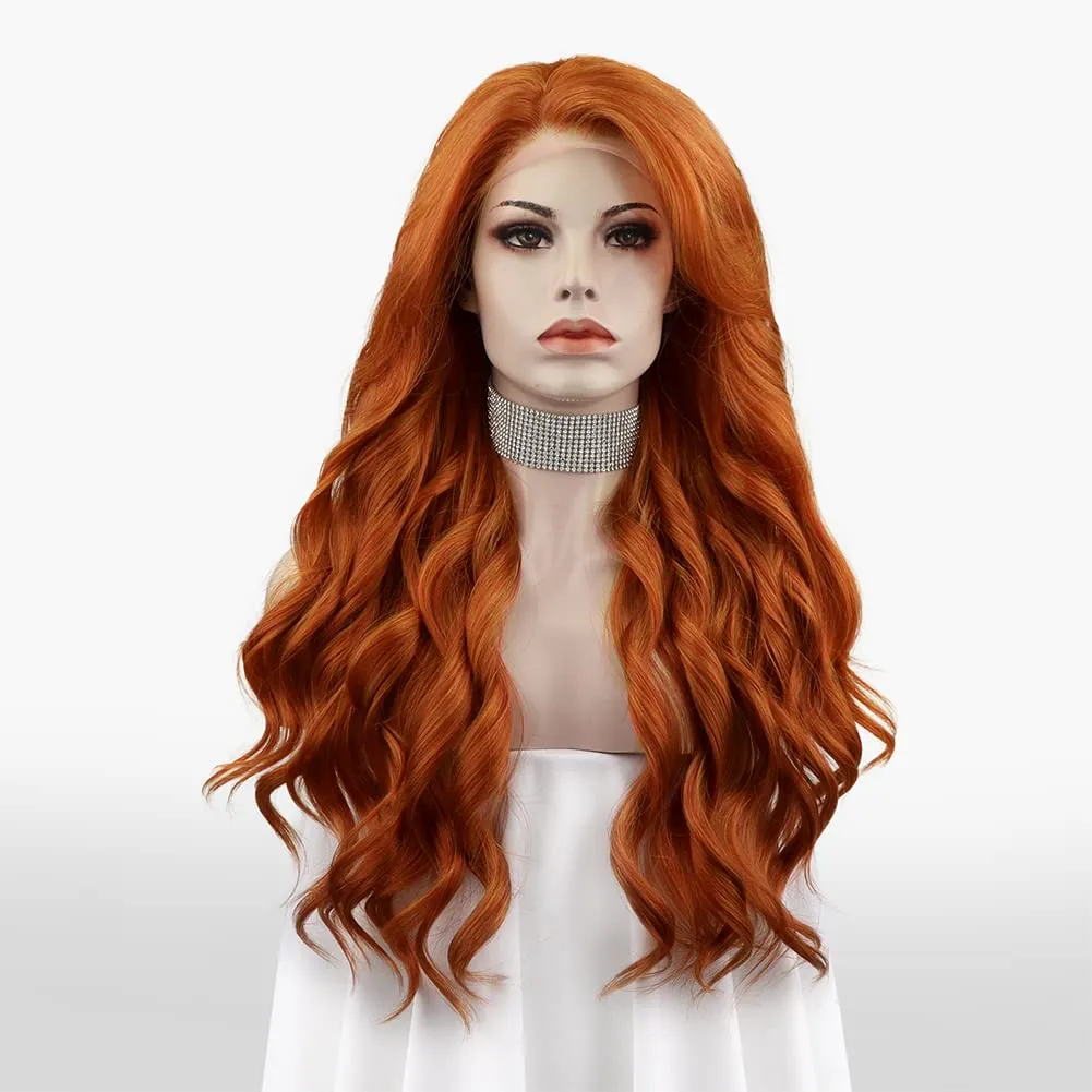 Ginger Synthetic Lace Front Wig Long Wavy Synthetic Lace Front Wig Glueless Heat Resistant for Drag Queen Cosplay Party Daliy Wear 26 Inches