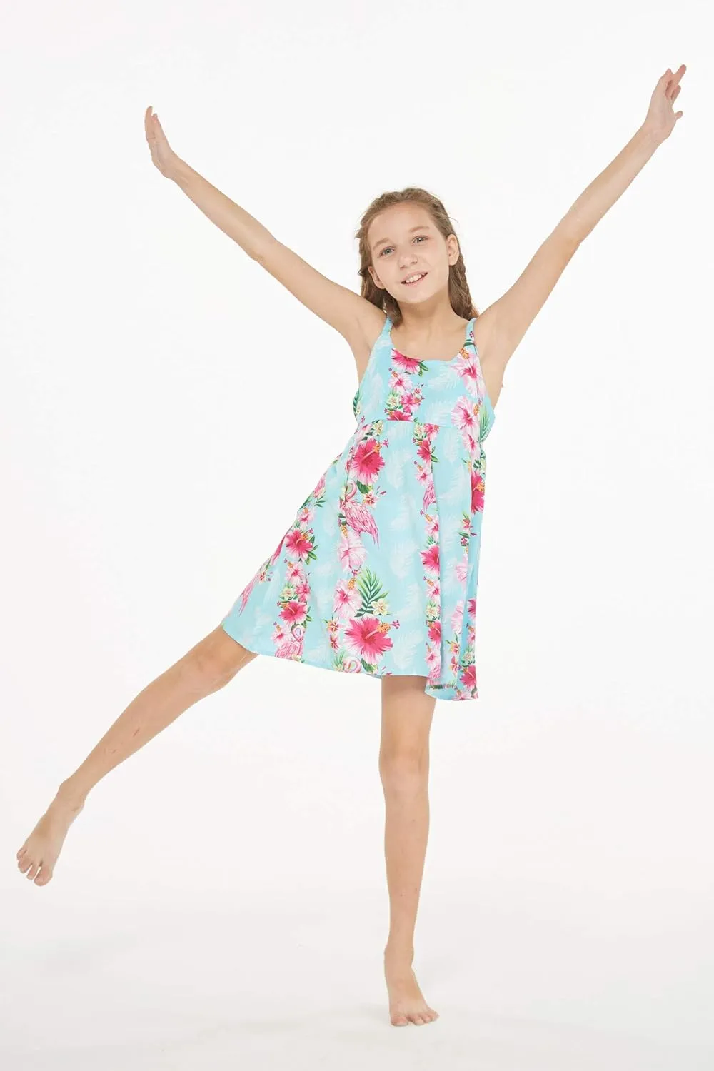 Girl Hawaiian Classic Empire Dress with Elastic Strap in Pink White Hibiscus Vine