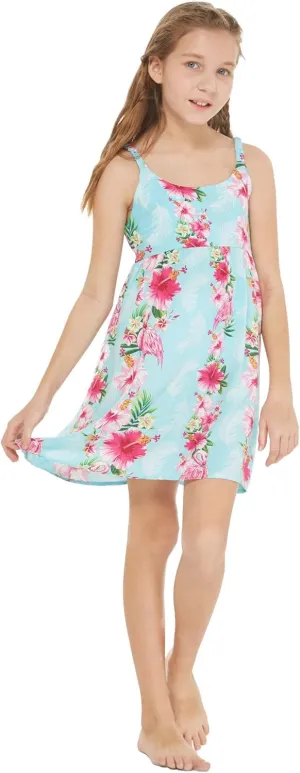 Girl Hawaiian Classic Empire Dress with Elastic Strap in Pink White Hibiscus Vine