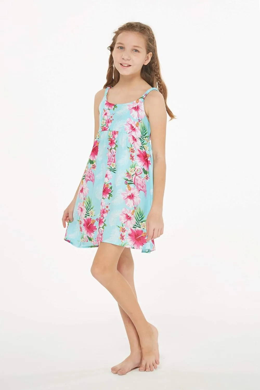Girl Hawaiian Classic Empire Dress with Elastic Strap in Pink White Hibiscus Vine