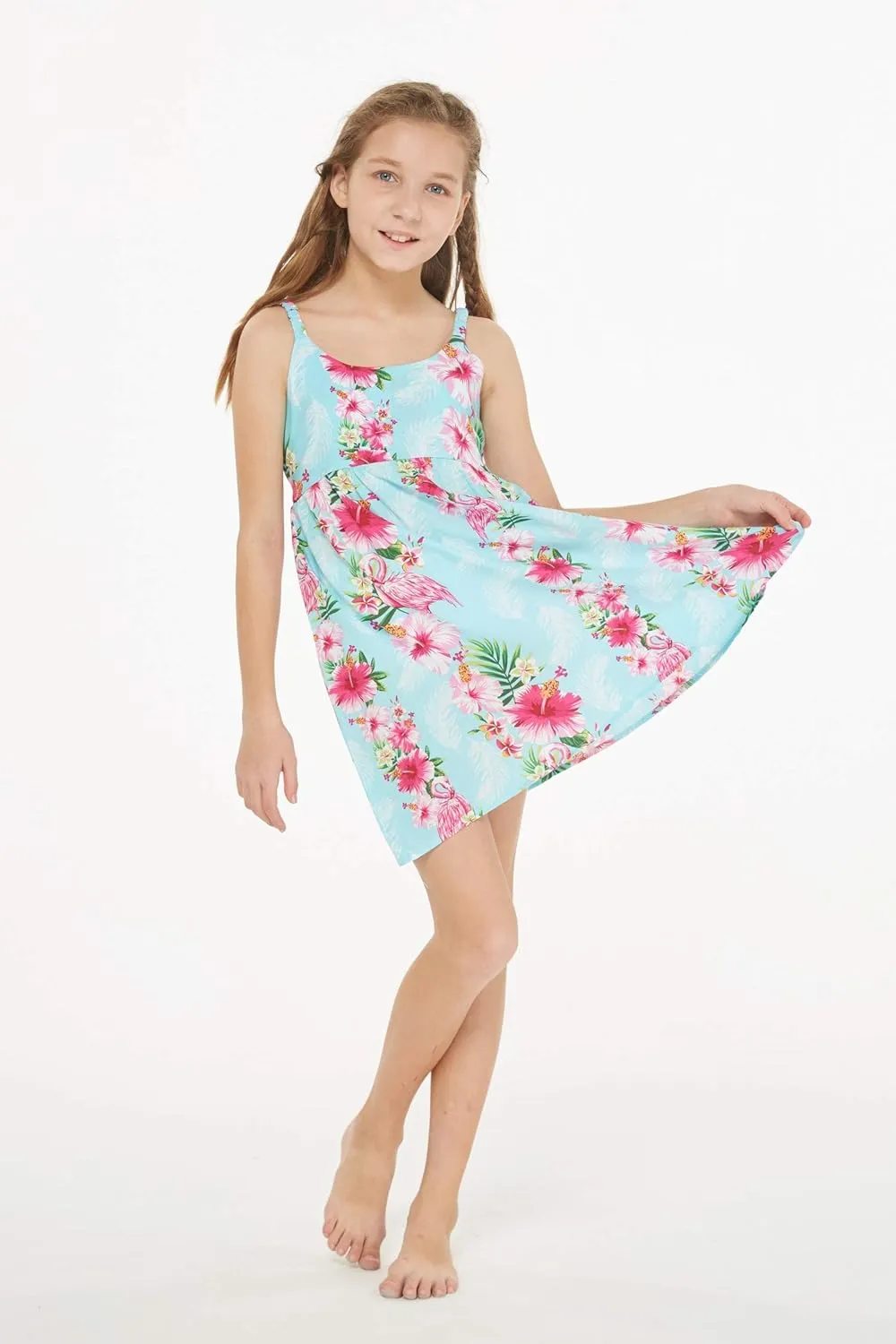 Girl Hawaiian Classic Empire Dress with Elastic Strap in Pink White Hibiscus Vine