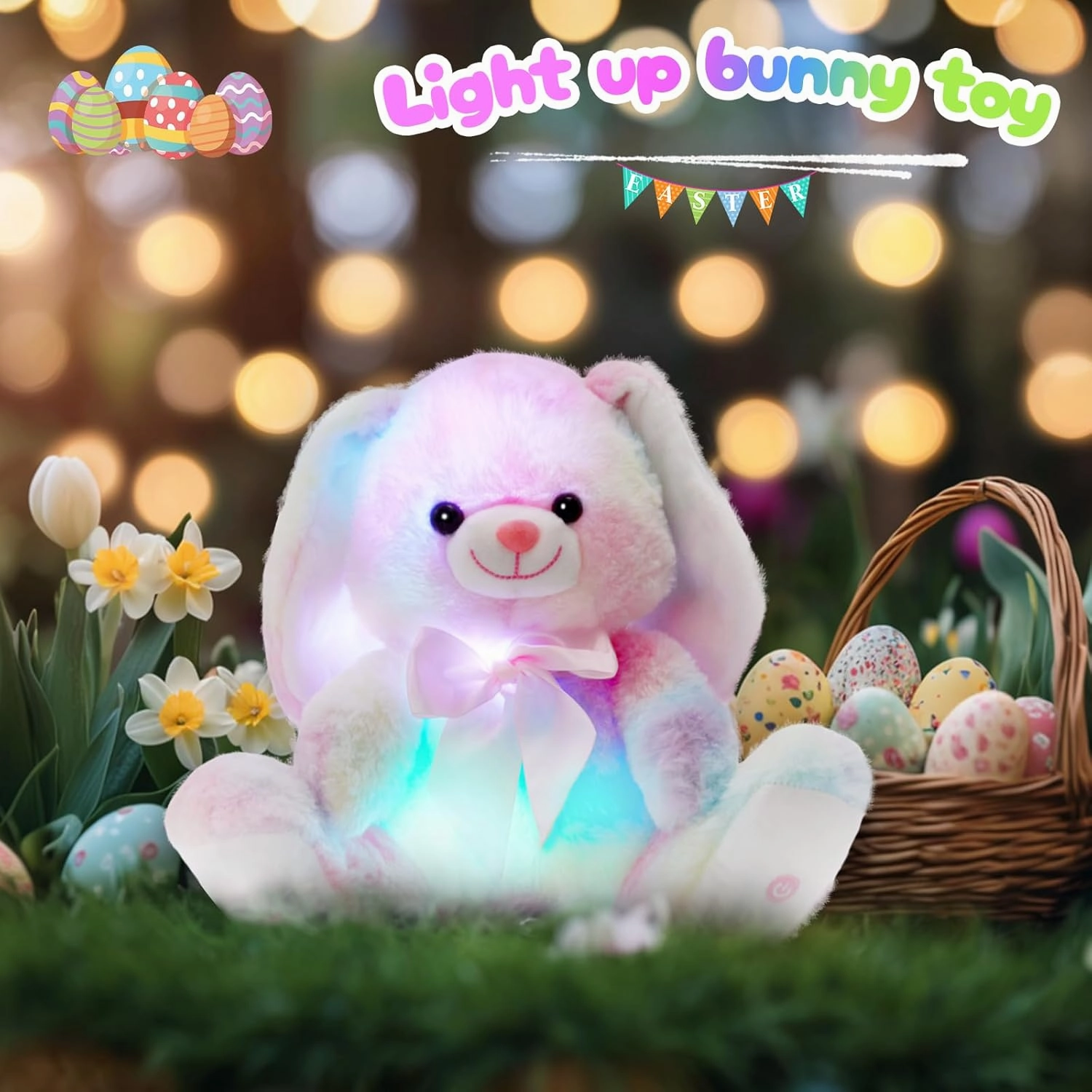 Glow Guards 10'' Easter Light up Rainbow Bunny Stuffed Animal,Soft Glowing Rabbit Plush Toy with Lop Eared Night Light,Birthday Christmas for Kids,Girls,Boys