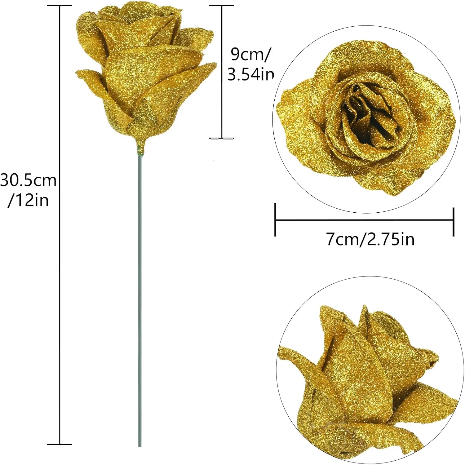 Gold Roses Artificial Flowers,30PCS Glitter Roses Bouquet Faux Roses with Stems for DIY Crafts Wedding Bouquet Party Home Decor(Gold)