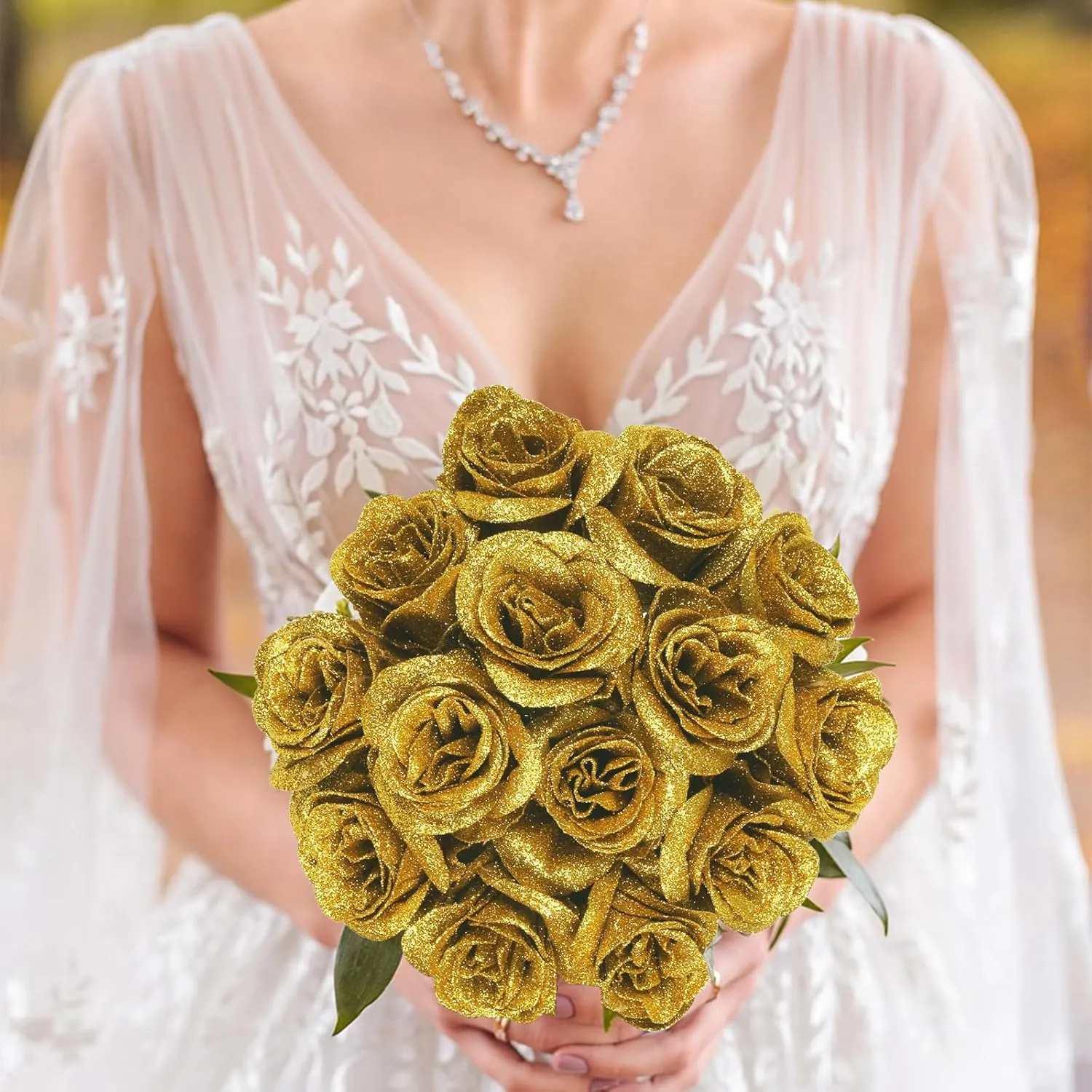 Gold Roses Artificial Flowers,30PCS Glitter Roses Bouquet Faux Roses with Stems for DIY Crafts Wedding Bouquet Party Home Decor(Gold)