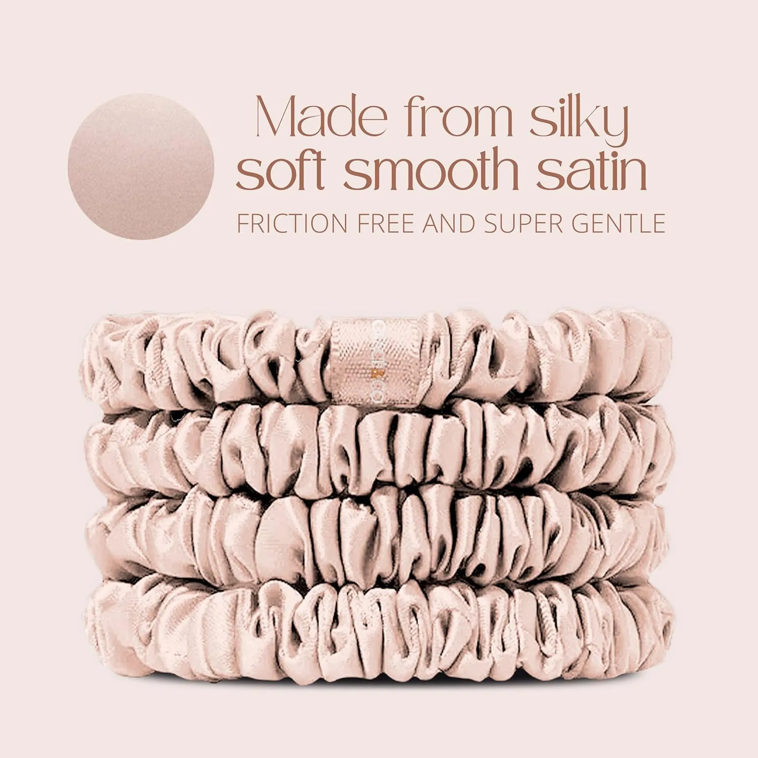 Grace & Company Silky Satin Scrunchies for Women - Premium No-Crease Hair Ties for Curly, Thick or Fine Hair - 4pk Skinny, Oeko-Tex Certified Pink Satin Scrunchies - Peony