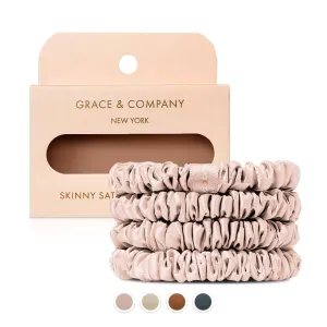 Grace & Company Silky Satin Scrunchies for Women - Premium No-Crease Hair Ties for Curly, Thick or Fine Hair - 4pk Skinny, Oeko-Tex Certified Pink Satin Scrunchies - Peony