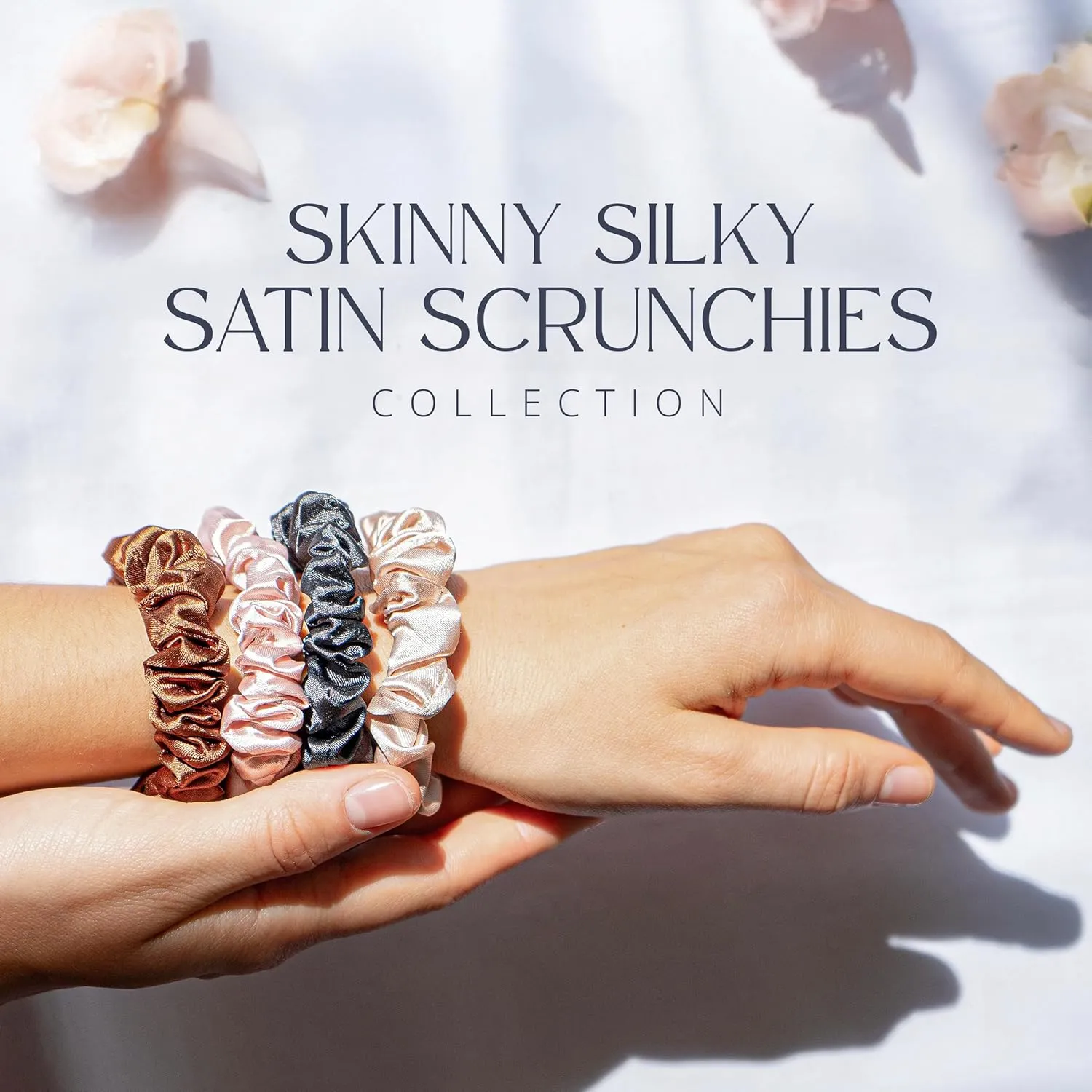 Grace & Company Silky Satin Scrunchies for Women - Premium No-Crease Hair Ties for Curly, Thick or Fine Hair - 4pk Skinny, Oeko-Tex Certified Pink Satin Scrunchies - Peony