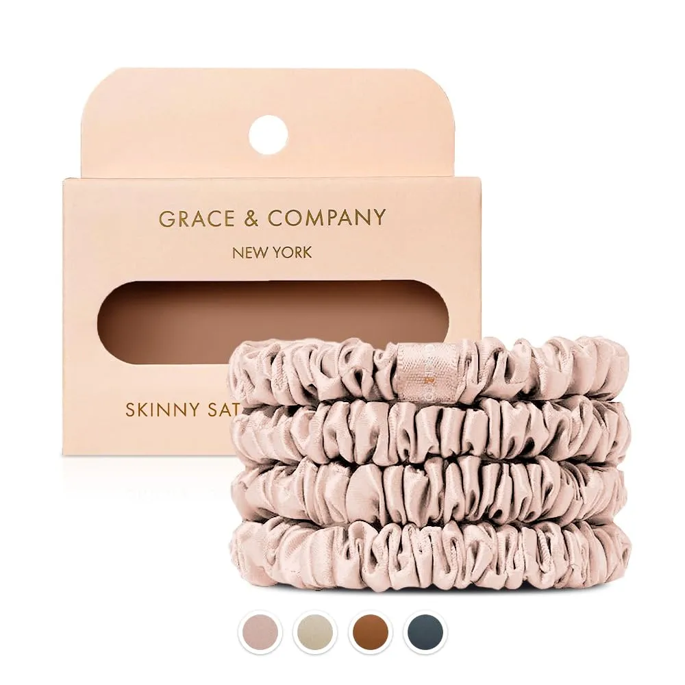 Grace & Company Silky Satin Scrunchies for Women - Premium No-Crease Hair Ties for Curly, Thick or Fine Hair - 4pk Skinny, Oeko-Tex Certified Pink Satin Scrunchies - Peony