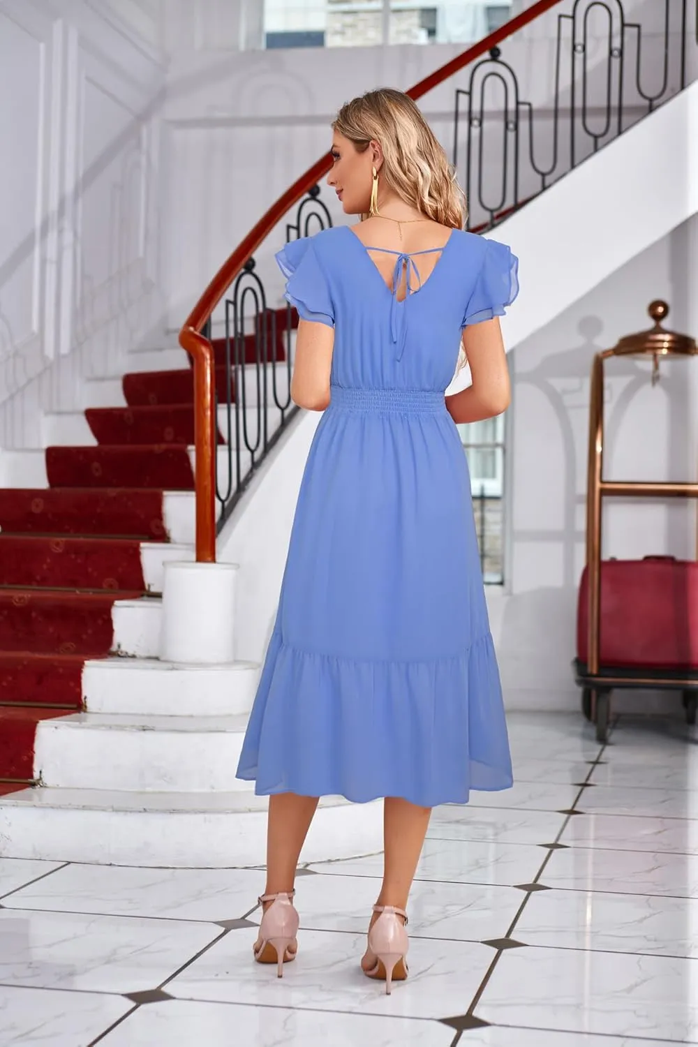 GRACE KARIN Women's V Neck Ruffle Sleeve Summer Dress 2025 Split Flowy Tiered Midi Dress Wedding Guest Cocktail Dresses