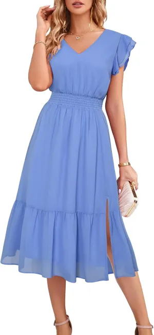 GRACE KARIN Women's V Neck Ruffle Sleeve Summer Dress 2025 Split Flowy Tiered Midi Dress Wedding Guest Cocktail Dresses