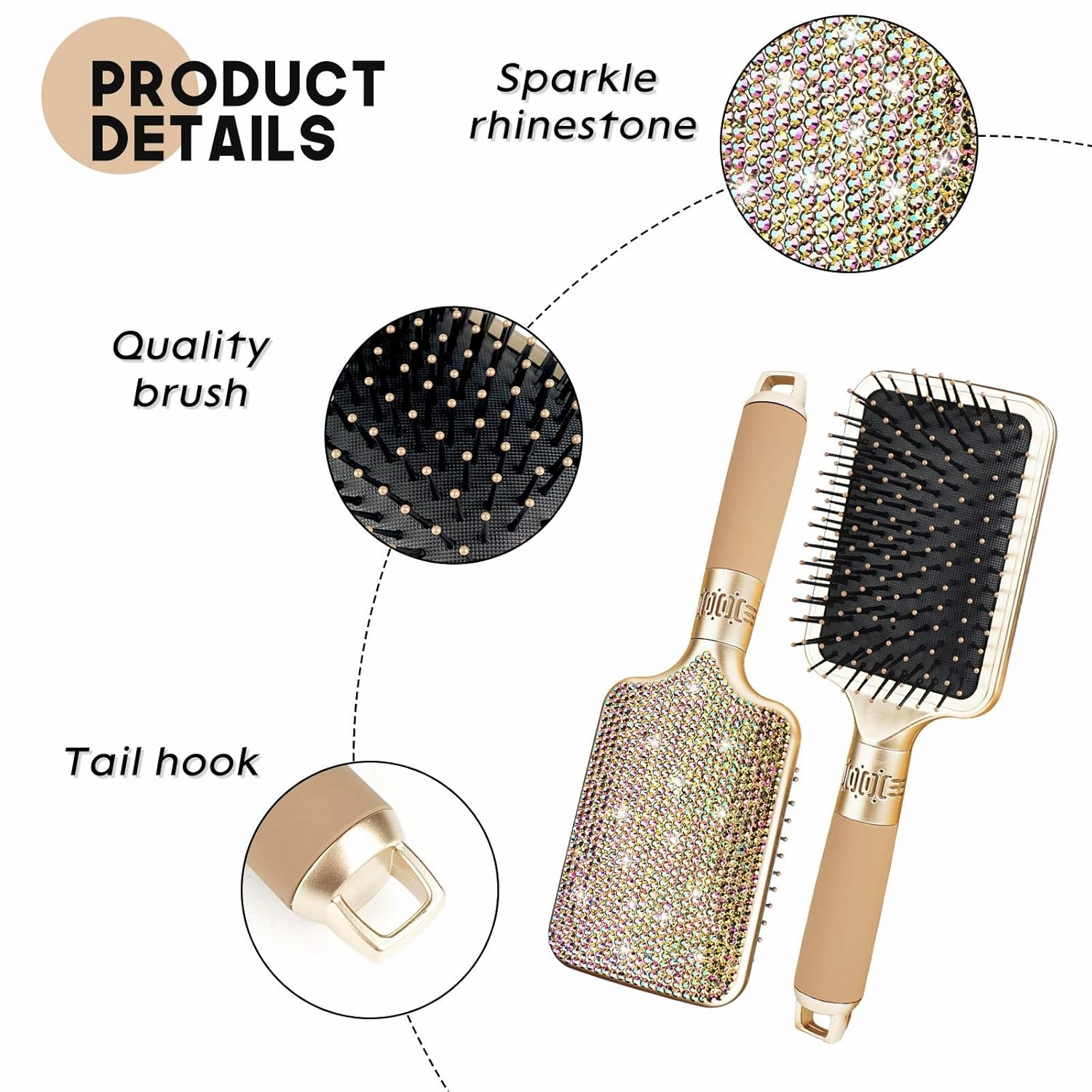 Hair Detangler Brush for Tangles, Knots, Fly Aways - Exceptional Wig Brush for Hair Wraps & Weave Management - Handmade Luxury Bling Crystal Paddle With Rhinestones (Rose Gold)