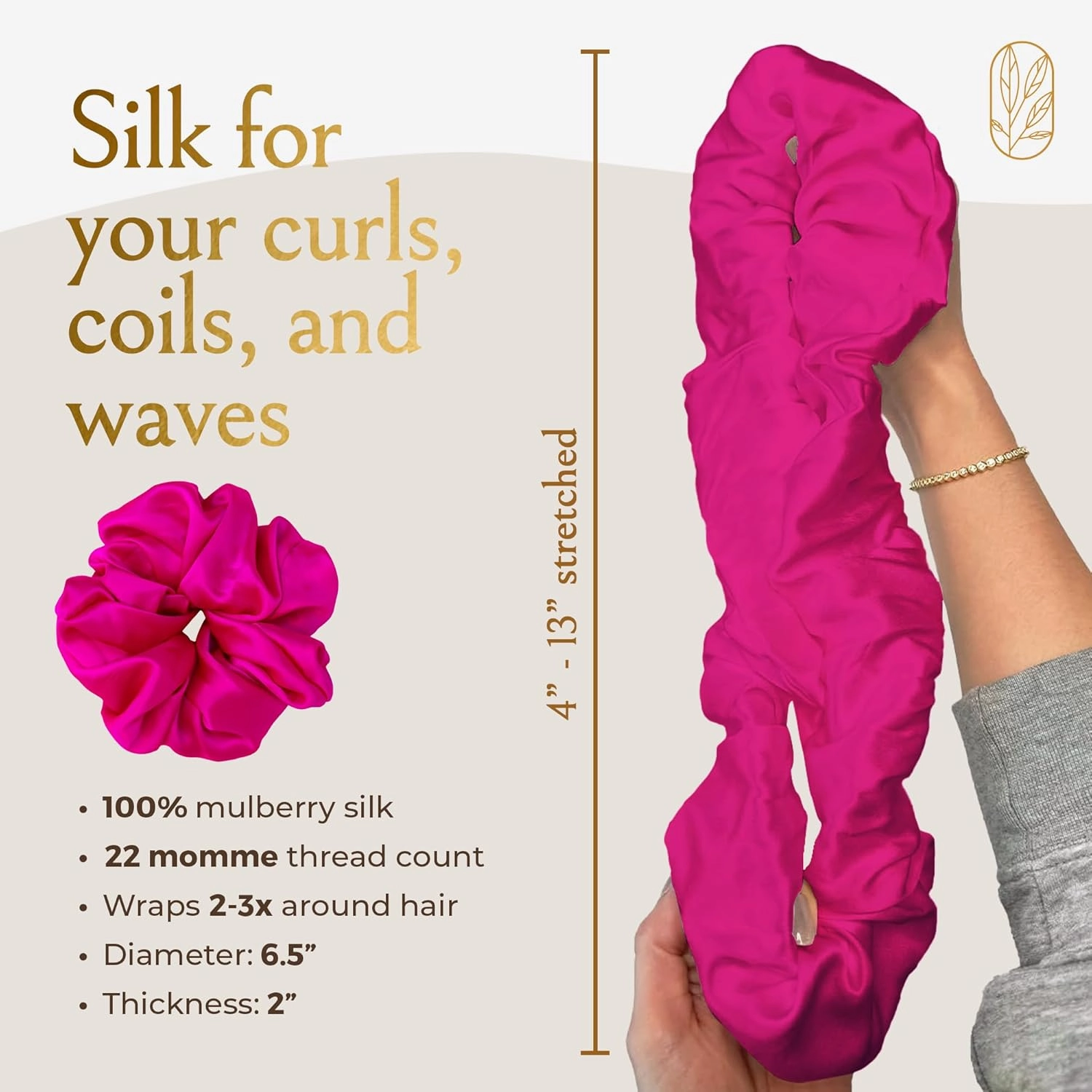 Hair Scrunchies for Women, Extra Large Silk Scrunchies for Curly Hairs, Silk Ties No Damage for Thick Hair, Ponytail Holders - Hot Pink Peony, XL