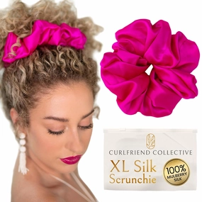 Hair Scrunchies for Women, Extra Large Silk Scrunchies for Curly Hairs, Silk Ties No Damage for Thick Hair, Ponytail Holders - Hot Pink Peony, XL