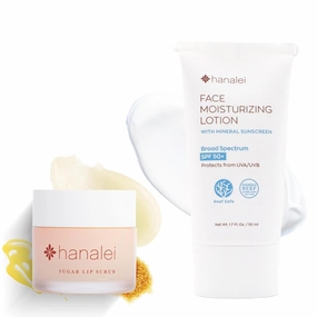 Hanalei Vegan Lip Scrub & SPF 50 Face Moisturizer Bundle – Sugar Exfoliator (22g) with Kukui Oil, Face Moisturizer with Zinc Oxide, No White Cast, Fragrance-Free (1.7 Fl. Oz)
