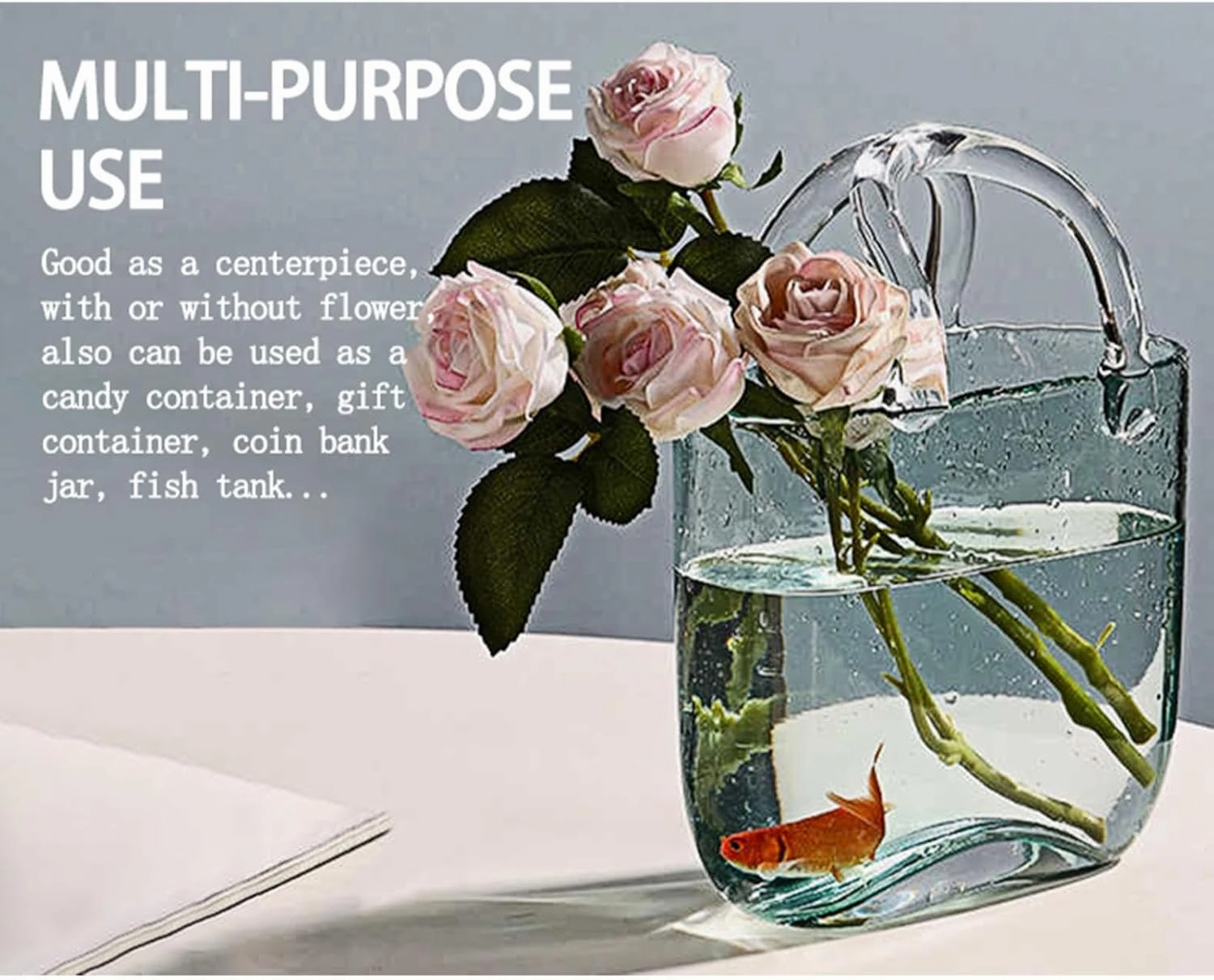 Handbag Vase, Vase with Handle Purse Vase with Fish Bowl Handbag Glass Vase, Decor Glass Vase for Photo/Birthday/Home Décor,Style1-Pink