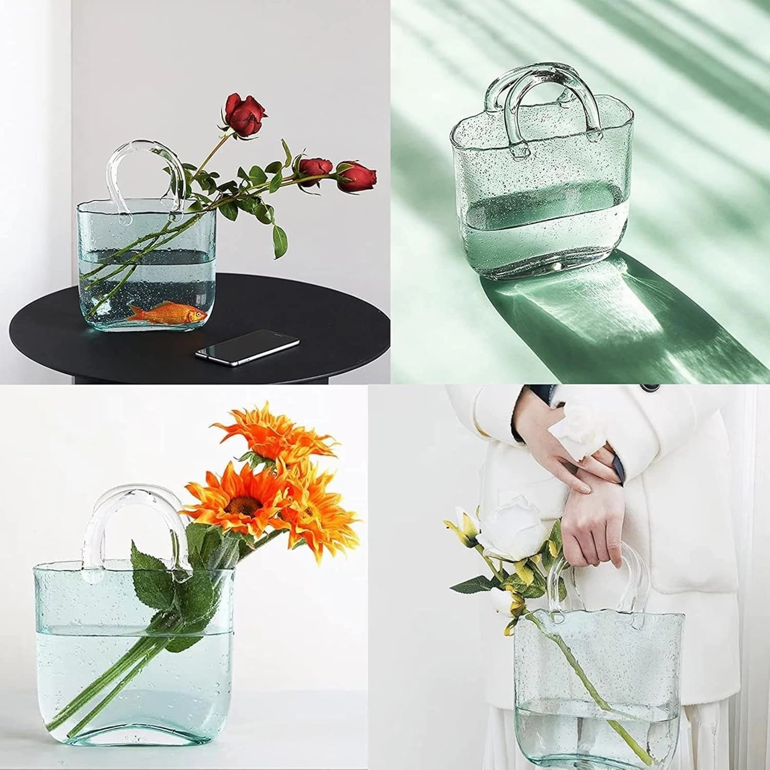 Handbag Vase, Vase with Handle Purse Vase with Fish Bowl Handbag Glass Vase, Decor Glass Vase for Photo/Birthday/Home Décor,Style1-Pink